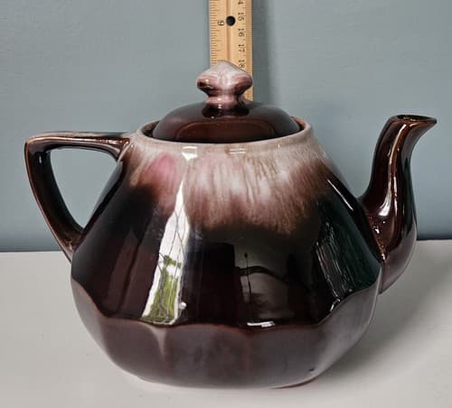 Vintage Lugenes Mini Teapot Brown Drip Glaze Pink Tint Small Ceramic w/ Lid - Thumbnail 9