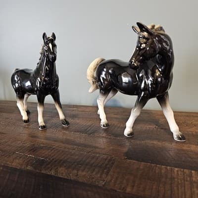 Vintage Japan Ceramic Horse Figurines Pair Black & White Glossy Mid Century - Thumbnail 4