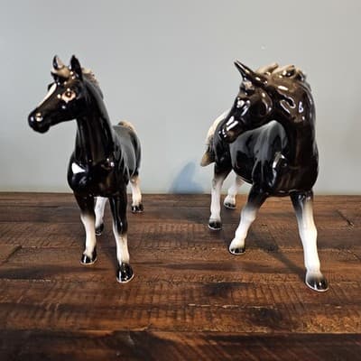 Vintage Japan Ceramic Horse Figurines Pair Black & White Glossy Mid Century - Thumbnail 8