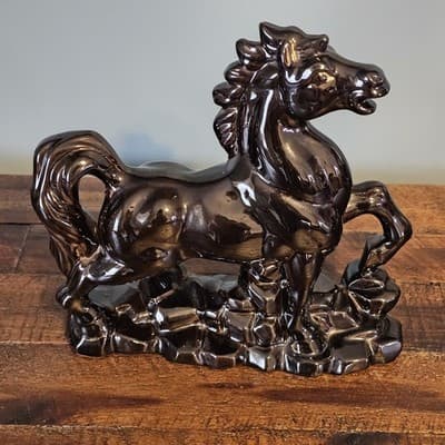 Vintage Ceramic Horse Figurine Black & Gold Gloss Japan 8" Tall - Thumbnail 2