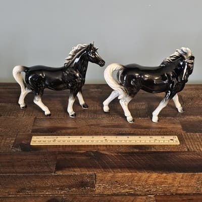 Vintage Japan Ceramic Horse Figurines Pair Black & White Glossy Mid Century - Thumbnail 12