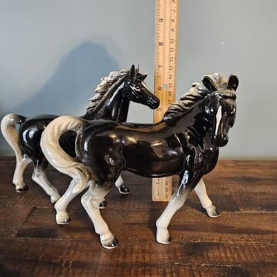 Vintage Japan Ceramic Horse Figurines Pair Black & White Glossy Mid Century - Thumbnail 13