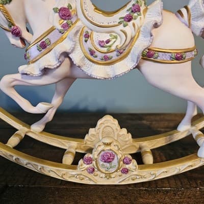 Franklin Mint Porcelain Rocking Horse Figurine White w Roses Gold Trim 12" x 9" - Thumbnail 2