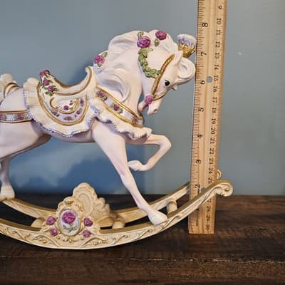 Franklin Mint Porcelain Rocking Horse Figurine White w Roses Gold Trim 12" x 9" - Thumbnail 9