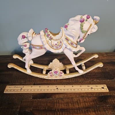 Franklin Mint Porcelain Rocking Horse Figurine White w Roses Gold Trim 12" x 9" - Thumbnail 8