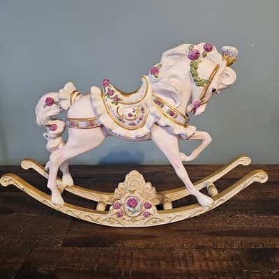 Franklin Mint Porcelain Rocking Horse Figurine White w Roses Gold Trim 12" x 9" - Thumbnail 3