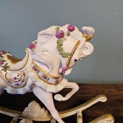 Franklin Mint Porcelain Rocking Horse Figurine White w Roses Gold Trim 12" x 9" - Thumbnail 4