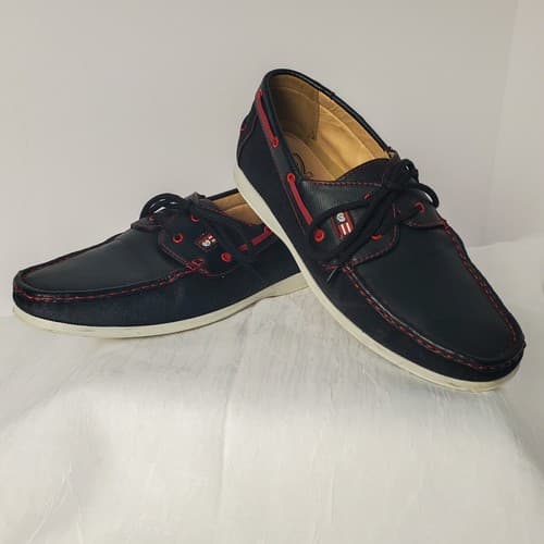 Phat Classic Mens Boat Shoes Black Red Leather Moc Toe Lace Up Casual Size 10 - Thumbnail 2