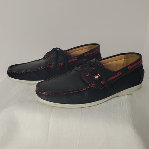Phat Classic Mens Boat Shoes Black Red Leather Moc Toe Lace Up Casual Size 10 - Thumbnail 3