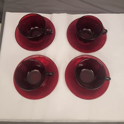 Vintage Royal Ruby Red Anchor Hocking Teacups and Saucers Set of 4 Excellent - Thumbnail 7