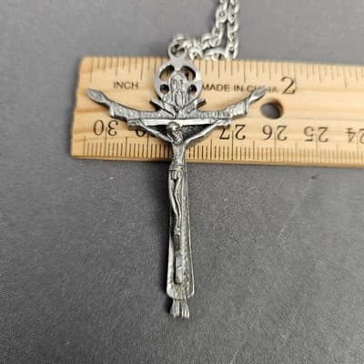 Antique Catholic Heri Hodie Semper Alpha Omega Crucifixion Cross Pendant Jesus - Thumbnail 9
