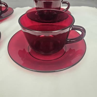 Vintage Royal Ruby Red Anchor Hocking Teacups and Saucers Set of 4 Excellent - Thumbnail 6