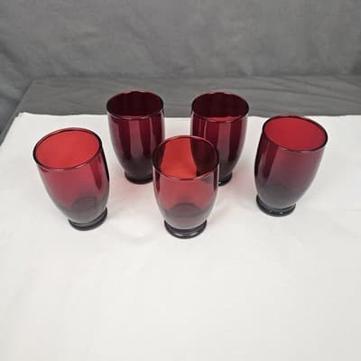 5 Footed Anchor Hocking 6oz Royal Ruby Red Glass Tumbler 3.5" Tall Juice liquor - Thumbnail 3