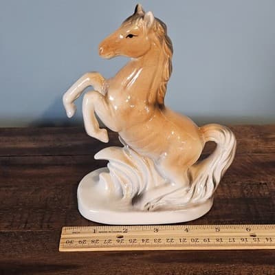 Vintage Rearing Horse Light Tan Brown Ceramic 7" Tall on a Base - Thumbnail 7