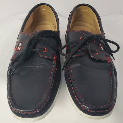 Phat Classic Mens Boat Shoes Black Red Leather Moc Toe Lace Up Casual Size 10 - Thumbnail 4