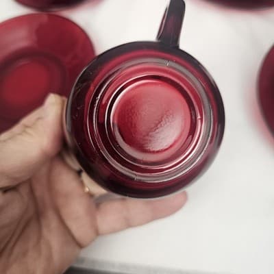 Vintage Royal Ruby Red Anchor Hocking Teacups and Saucers Set of 4 Excellent - Thumbnail 10