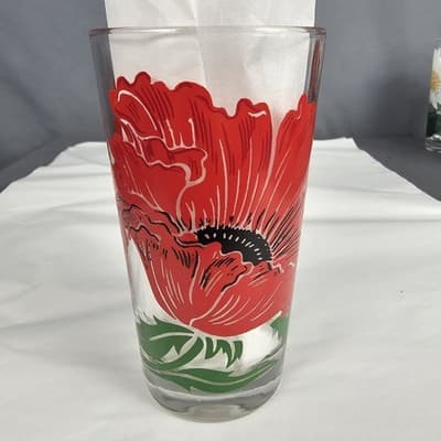 Vintage Boscul Peanut Butter 5" Glass Poppy Red Flowers - Thumbnail 2