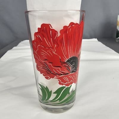 Vintage Boscul Peanut Butter 5" Glass Poppy Red Flowers - Thumbnail 4