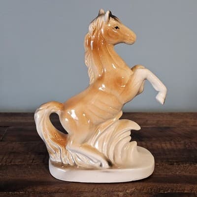 Vintage Rearing Horse Light Tan Brown Ceramic 7" Tall on a Base - Thumbnail 3