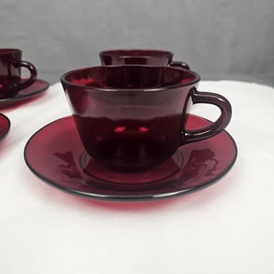 Vintage Royal Ruby Red Anchor Hocking Teacups and Saucers Set of 4 Excellent - Thumbnail 5