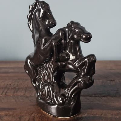 Small Vintage Ceramic Double Gloss Black Horse Figurine Mid Century - Thumbnail 4