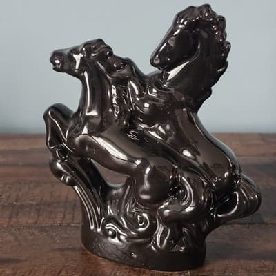 Small Vintage Ceramic Double Gloss Black Horse Figurine Mid Century - Thumbnail 2