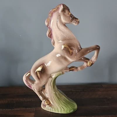 Large Vtg Japan Rearing Horse Figurine Pink Lavendar Gold Trim 11" Mid Century - Thumbnail 2