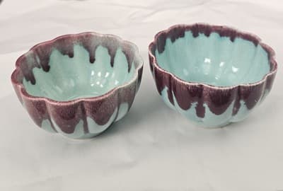 Allens of California Drip Glaze 2 Small Bowls Light Teal W Purple MCM Vtg - Thumbnail 2