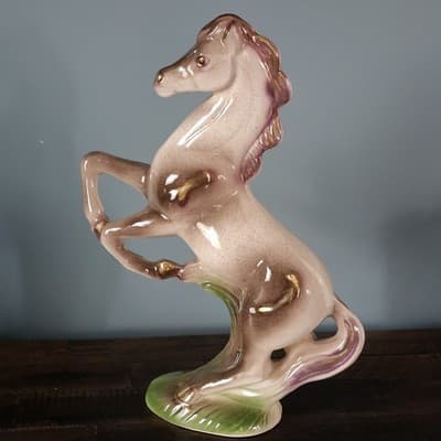 Large Vtg Japan Rearing Horse Figurine Pink Lavendar Gold Trim 11" Mid Century - Thumbnail 3