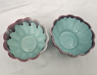 Allens of California Drip Glaze 2 Small Bowls Light Teal W Purple MCM Vtg - Thumbnail 3