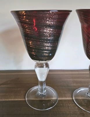 Red Twist Sunset- Set of 2 Water Goblet 8" 8 oz Blown Glass Wine Glasses Mod - Thumbnail 6