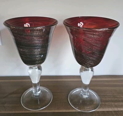 Red Twist Sunset- Set of 2 Water Goblet 8" 8 oz Blown Glass Wine Glasses Mod - Thumbnail 2