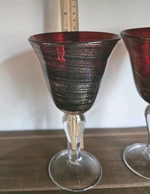 Red Twist Sunset- Set of 2 Water Goblet 8" 8 oz Blown Glass Wine Glasses Mod - Thumbnail 3