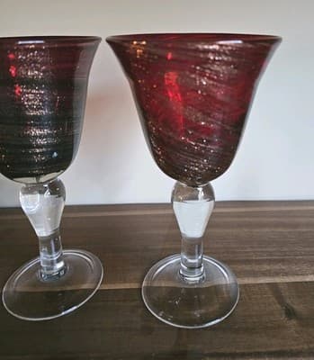 Red Twist Sunset- Set of 2 Water Goblet 8" 8 oz Blown Glass Wine Glasses Mod - Thumbnail 7