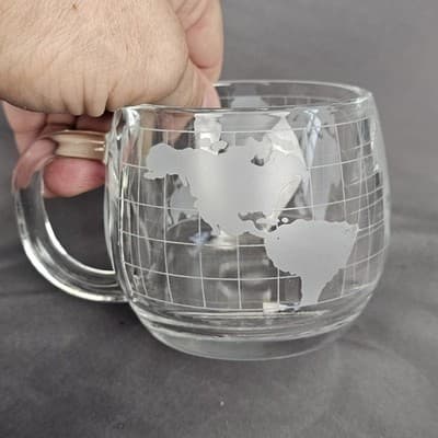 Vintage Nescafe World Globe Etched Glass Coffee Mugs 4 Pc Set Nestle, 3 dif. Run - Thumbnail 3
