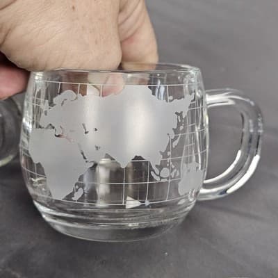 Vintage Nescafe World Globe Etched Glass Coffee Mugs 4 Pc Set Nestle, 3 dif. Run - Thumbnail 2