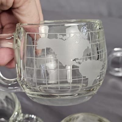 Vintage Nescafe World Globe Etched Glass Coffee Mugs 4 Pc Set Nestle, 3 dif. Run - Thumbnail 6