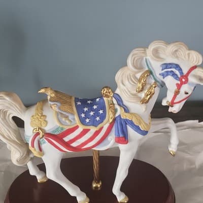 Lenox 1991 Carousel Horse Red White & Blue Gold Trim Wood Base Patriotic - Thumbnail 2