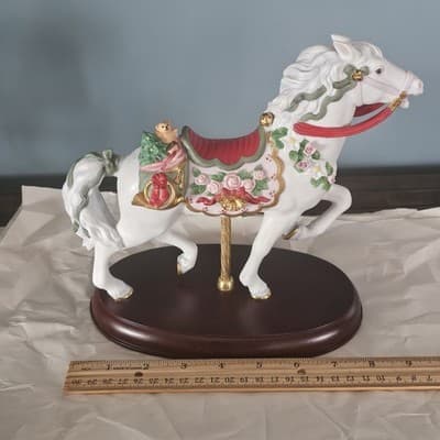 Lenox 1993 Carousel Horse Pink Roses Gold Trim Wood Base Christmas - Thumbnail 7