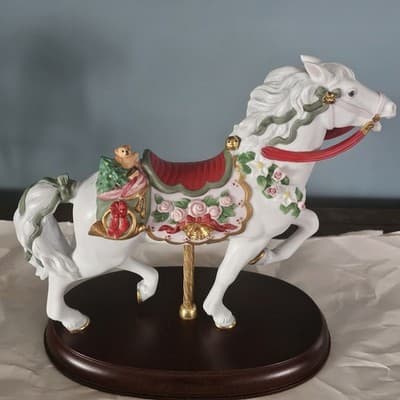 Lenox 1993 Carousel Horse Pink Roses Gold Trim Wood Base Christmas - Thumbnail 2