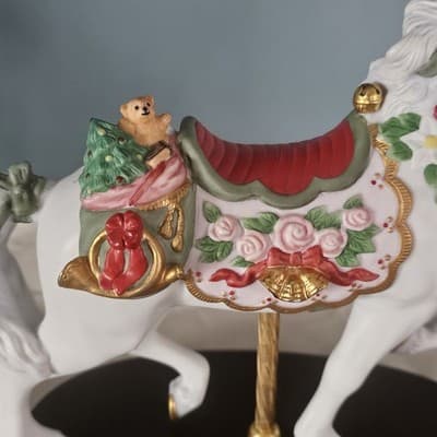 Lenox 1993 Carousel Horse Pink Roses Gold Trim Wood Base Christmas - Thumbnail 5