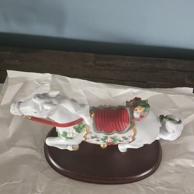 Lenox 1993 Carousel Horse Pink Roses Gold Trim Wood Base Christmas - Thumbnail 4