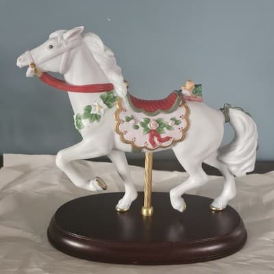 Lenox 1993 Carousel Horse Pink Roses Gold Trim Wood Base Christmas - Thumbnail 3