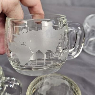 Vintage Nescafe World Globe Etched Glass Coffee Mugs 4 Pc Set Nestle, 3 dif. Run - Thumbnail 5
