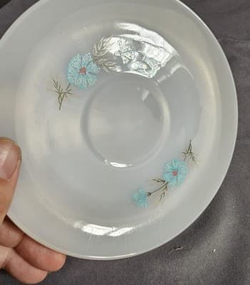 Vtg Anchor Hocking Fire King Milk Glass Cup Saucer Bonnie Blue Flowers - Thumbnail 11