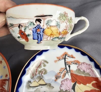 Vintage Japanese Hand Painted Eggshell GEISHA Tea Cup with Saucer 2 Sets - Thumbnail 6
