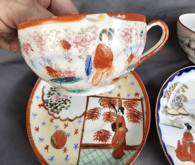 Vintage Japanese Hand Painted Eggshell GEISHA Tea Cup with Saucer 2 Sets - Thumbnail 3