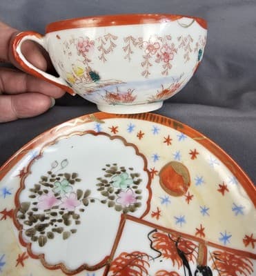 Vintage Japanese Hand Painted Eggshell GEISHA Tea Cup with Saucer 2 Sets - Thumbnail 4