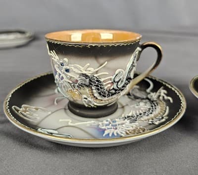2 Vtg Asian Dragon Ware Hand Painted Dematisse Tea Cup & Saucer Raised Design - Thumbnail 3