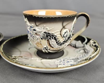 2 Vtg Asian Dragon Ware Hand Painted Dematisse Tea Cup & Saucer Raised Design - Thumbnail 2